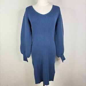 Blue Ribbed Knit Sweater Dress | Balloon Sleeves | Size L